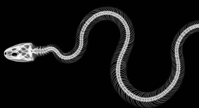 A white skeleton of a long snake showing ribs and spine in a curved shape on a solid black background