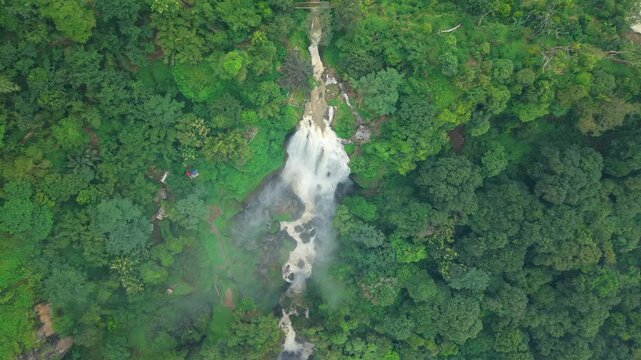 Aerial view of Curugsewu Waterfall cascading through lush green foliage, a vibrant contrast of white water and verdant forest, Curugsewu, Central Java, Indonesia.