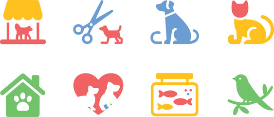 Fototapeta premium Collection of cute pet care and animal icons including a house, fishbowl, bird, dog, and cat