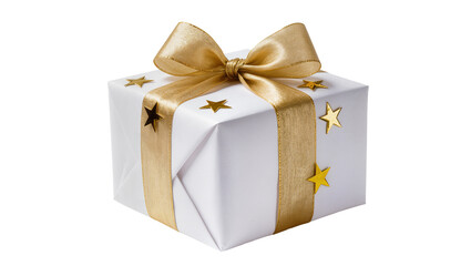 Obraz premium White gift box with golden ribbon and stars, isolated on transparent background