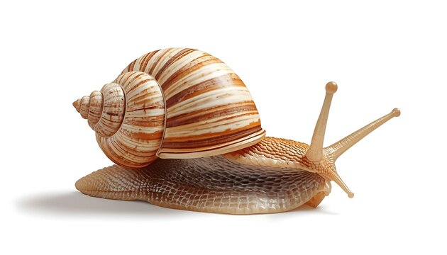 A common garden snail slowly moving forward, showcasing its beautifully spiraled shell and delicate antennae.