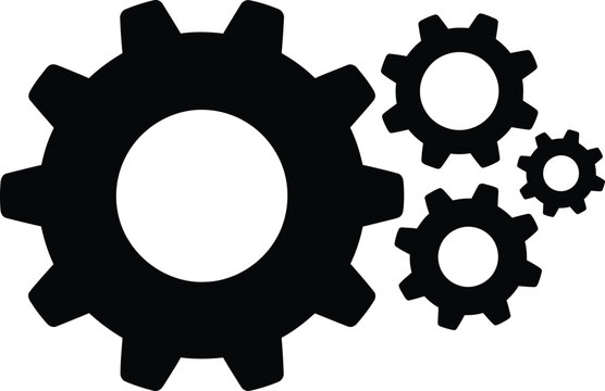 Three interlocking gear icons in black silhouette