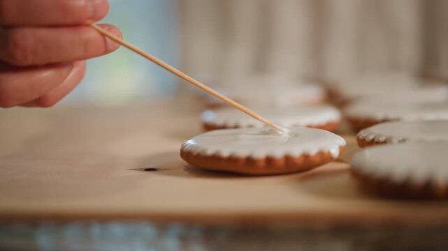 Closeup hand icing scalloped cookie on wooden board, home baker gently spreads smooth white glaze with toothpick, rows of iced cookies cooling in soft natural light, warm cozy kitchen atmosphere,