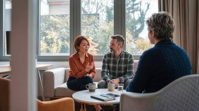 Couple in therapy session for conflict resolution in modern office
