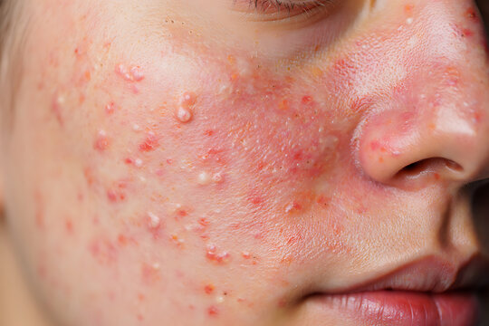 Extreme close up of human skin with red inflamed acne pustules and papules face