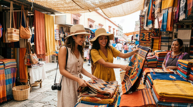 Two young women browsing traditional textiles at an outdoor market