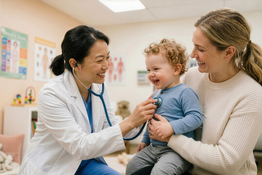 Asian female doctor examining happy toddler in pediatric clinic