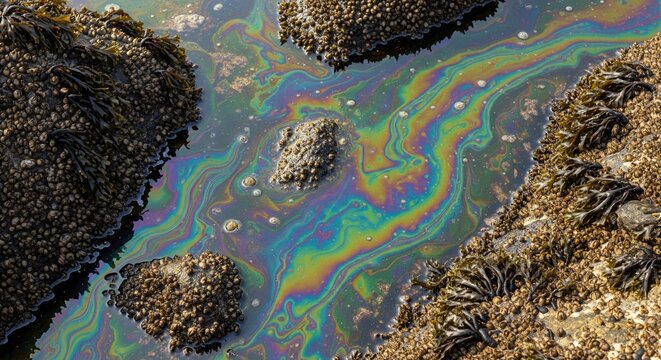 Rainbow-colored oil film floating on the water surface trapped between rocks covered in seaweed