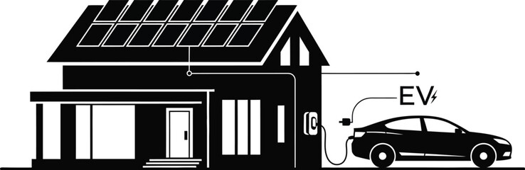 Fototapeta premium Modern eco house with solar panels and electric vehicle charging station silhouette