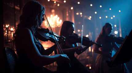 Fototapeta premium String quartet performing on stage under warm concert lighting. Classical music performance concept,culture promotion, concert marketing, event advertising and artistic campaigns.