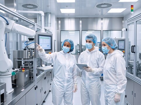 Diverse team of engineers in cleanroom suits inspecting a robotic arm. Scientists working with automated machinery in a modern manufacturing facility. High tech production