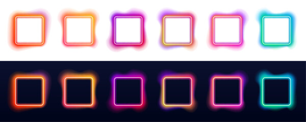 Bright neon set square frame with blue electric glow effect. Sharp corners and light trails create tech banner layout. Vector illustration. © Extrastock