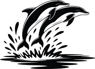 Obraz premium Two dolphins jumping out of the water, creating a splash, black and white vector illustration, stylized sea animals for logo or design element