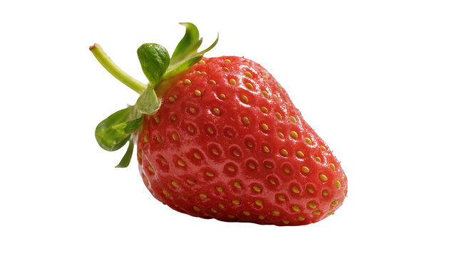 Single fresh red strawberry with green calyx, isolated on transparent background