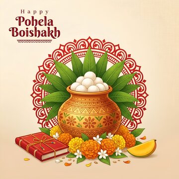 Traditional Boishakh Greeting Design With Sweets And Haal Khata