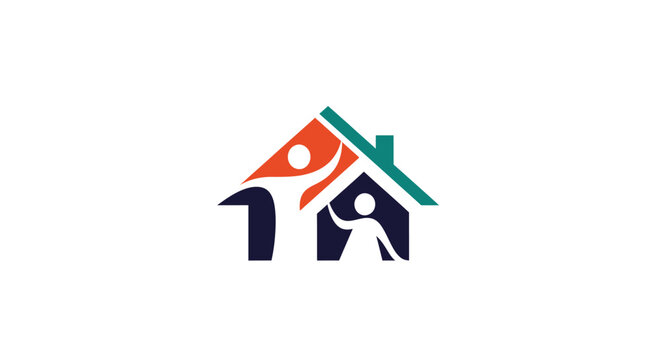 Abstract house logo with integrated stylized human figures, symbolizing home, family, and community support, isolated white background.