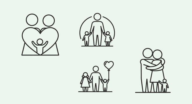 Set of line art icons illustrating diverse family structures and loving relationships on a light green background.