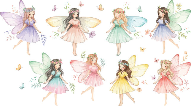 Eight colorful fairies with delicate wings and dresses standing in two rows on white background