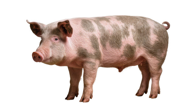 Pink and grey spotted pig standing in profile, isolated on transparent background
