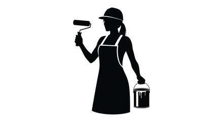 A painter stands holding a roller and paint can depicted in a striking black silhouette high quality professional detailed modern elegant © MDRAMJAN