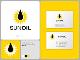 Oil company logo. Yellow sun with blask drop. Identity, corporate style. Business card template with branding. © Nataly