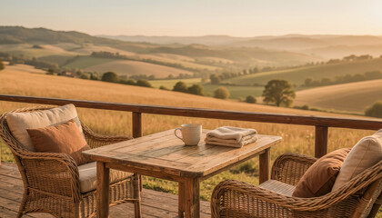 Naklejka premium Relaxing on terrace enjoying rolling tuscany hills at sunset