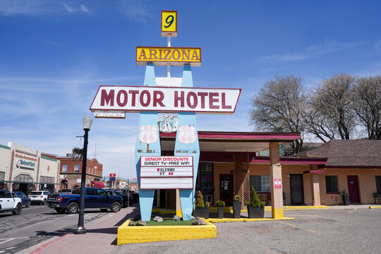 Williams, Arizona - March 28, 2026: Sign for the Arizona Motor Hotel on Historic Route 66 on a sunny day