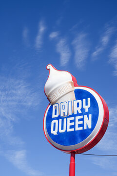 Williams, Arizona - March 28, 2026: Sign, original retro style of a Dairy Queen fast food restaurant on Route 66