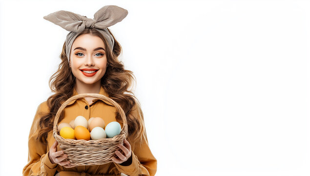 Smiling young woman with curly hair holding a basket of Easter eggs