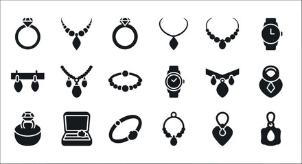 Obraz premium 20 Black Jewelry Icons, Accessories Symbols, Vector Graphics, Modern Design Elements