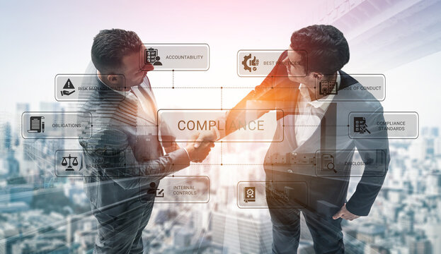 Two businessmen shake hands with a compliance concept overlay in an urban setting, symbolizing professionalism, partnership, and the importance of ethical business practices. Ledger