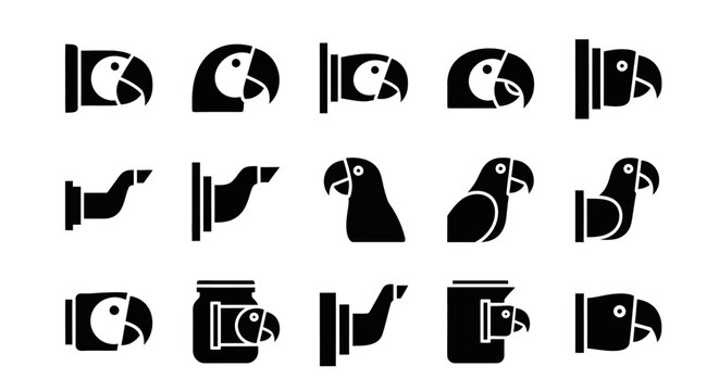 Parrot icons, black silhouette bird symbols, vector graphics, 12 pcs