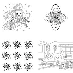 Naklejka premium Children coloring page collection with cute astronaut airplane and spiral galaxy patterns for kids