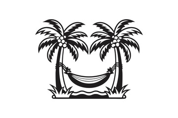 Obraz premium Serene Beach Scene Vector Illustration with Palm Trees and a Cozy Hammock Silhouette