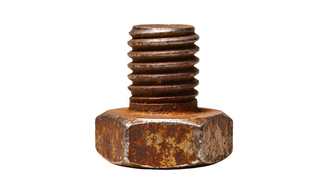 Rusty metal bolt with hexagonal head and threads, isolated on transparent background