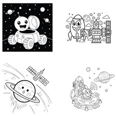 Fototapeta premium Astronaut robot and space vehicles coloring page