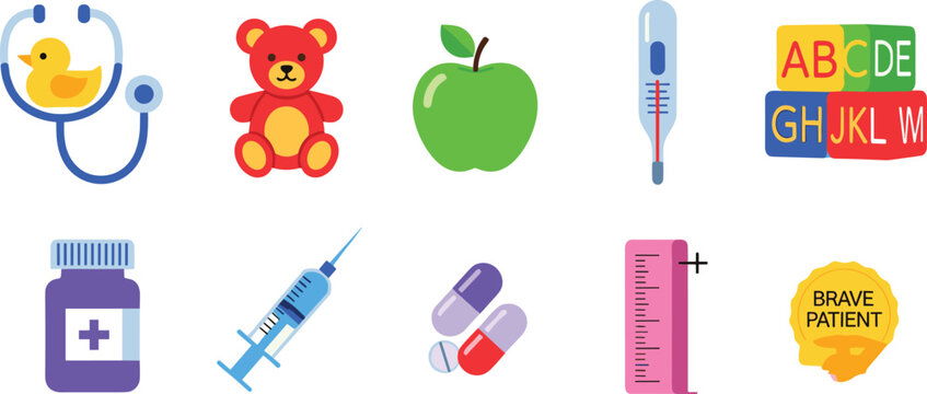 Children&rsquo;s Health and Care Icons Set Featuring Stethoscope, Medicine, Apple, Syringe, and ABC Blocks for Pediatric Care and Well-being