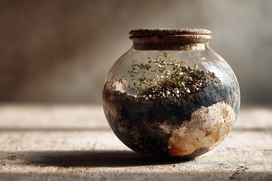 A rustic terrarium featuring small plants in a weathered glass jar, illuminated by soft sunlight and shadows.