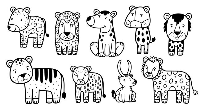 A set of adorable cartoon animals with unique spot patterns and designs smiling