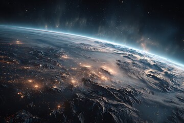Fototapeta premium A breathtaking aerial view of Earth from space at night, showcasing city lights and the planet's atmosphere.