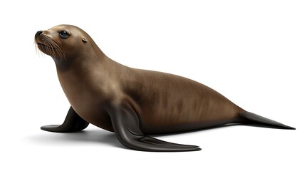 Obraz premium A playful California sea lion with smooth brown fur poses confidently looking upwards on a white background.