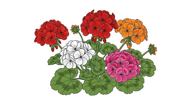 Colorful geranium flowers in red, pink, orange, and white with green leaves