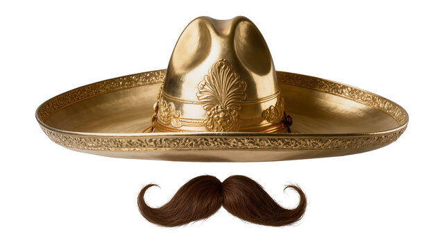 Golden ornate sombrero and brown mustache, isolated on transparent background