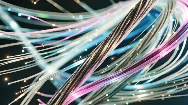 Abstract macro shot of illuminated fiber optic cables with vibrant, glowing lights in motion. Modern technology background symbolizing fast data transfer and high-speed internet connections.