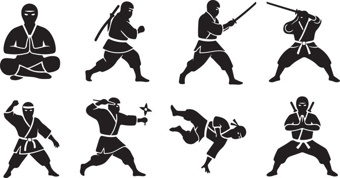 Black silhouette of people running and jumping in various dynamic poses jumping jacks exercise