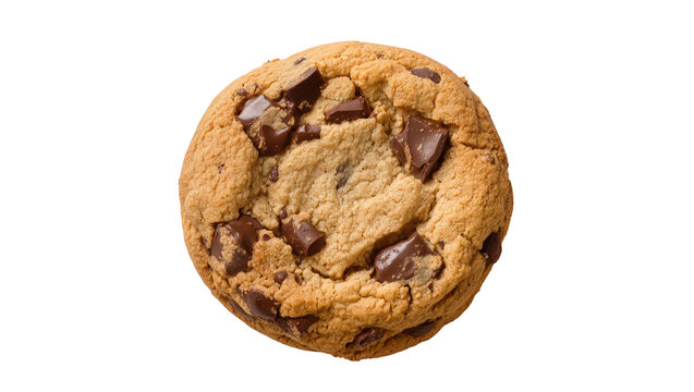 Golden chocolate chip cookie with dark chocolate, isolated on transparent background for snack