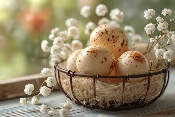 Obraz premium A rustic Easter still life featuring speckled eggs in a wire basket with baby's breath and soft lighting.