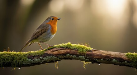 Obraz premium Charming robin perched on a mossy branch in soft morning light