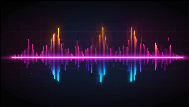 Dynamic audio spectrum pulses with vibrant energy, illuminating a dark soundscape with rhythmic waves of neon light. A digital audio waveform visualizes the essence of sound and music.