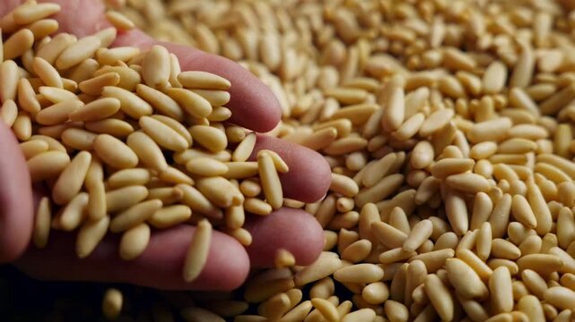 Close-up cinematic shot of a hand gently dropping pine nuts onto other pine nuts in slow motion. Soft lighting highlights texture and natural movement.